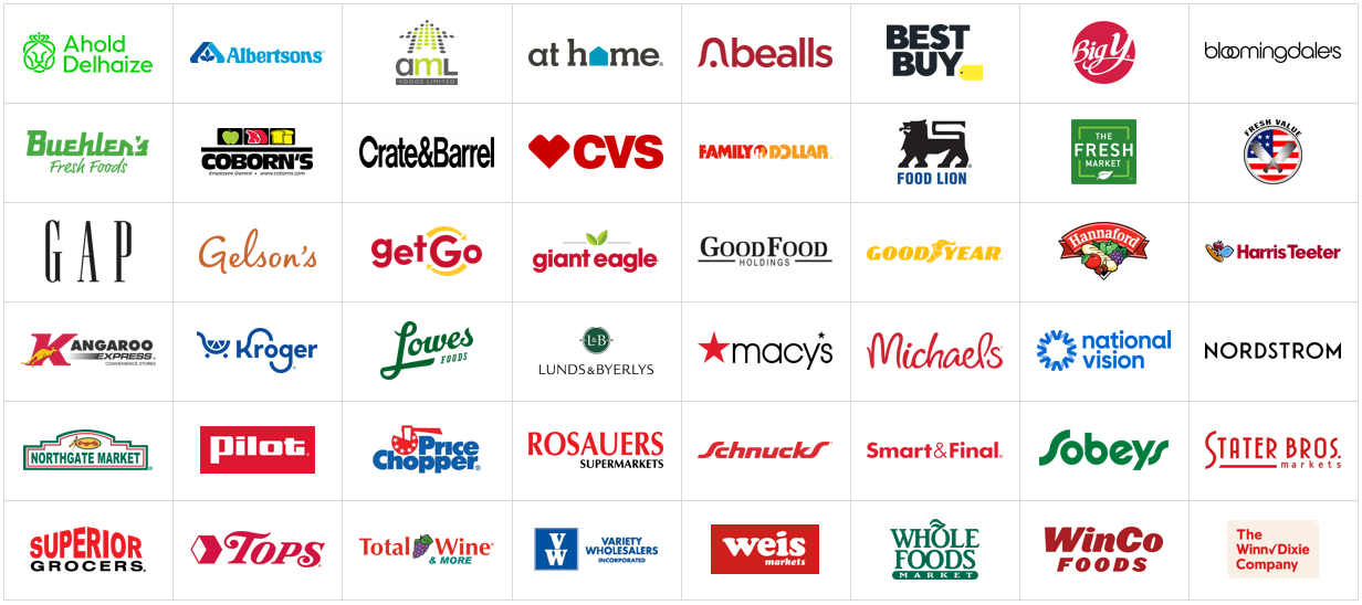 Logos of retailers we have worked with, including Kroger, Ahold Delhaize, Best Buy, Macy’s, Whole Foods Market, Goodyear, Food Lion, Giant Eagle and Schnucks